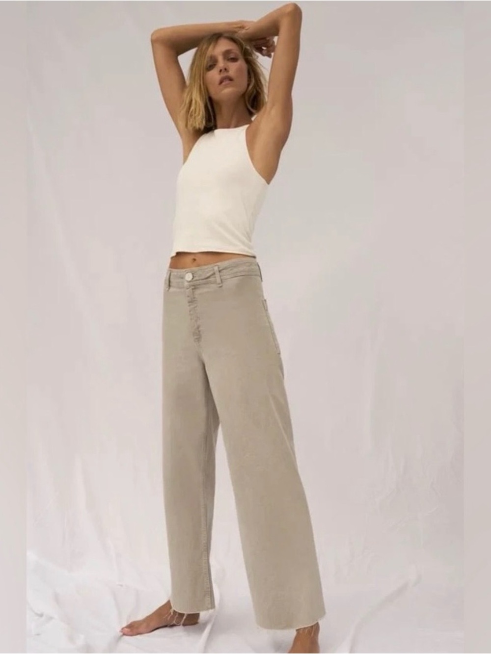 ZARA The Marine Straight Tan Cropped Jeans Size 6 Wide Leg Distressed Denim Sand
